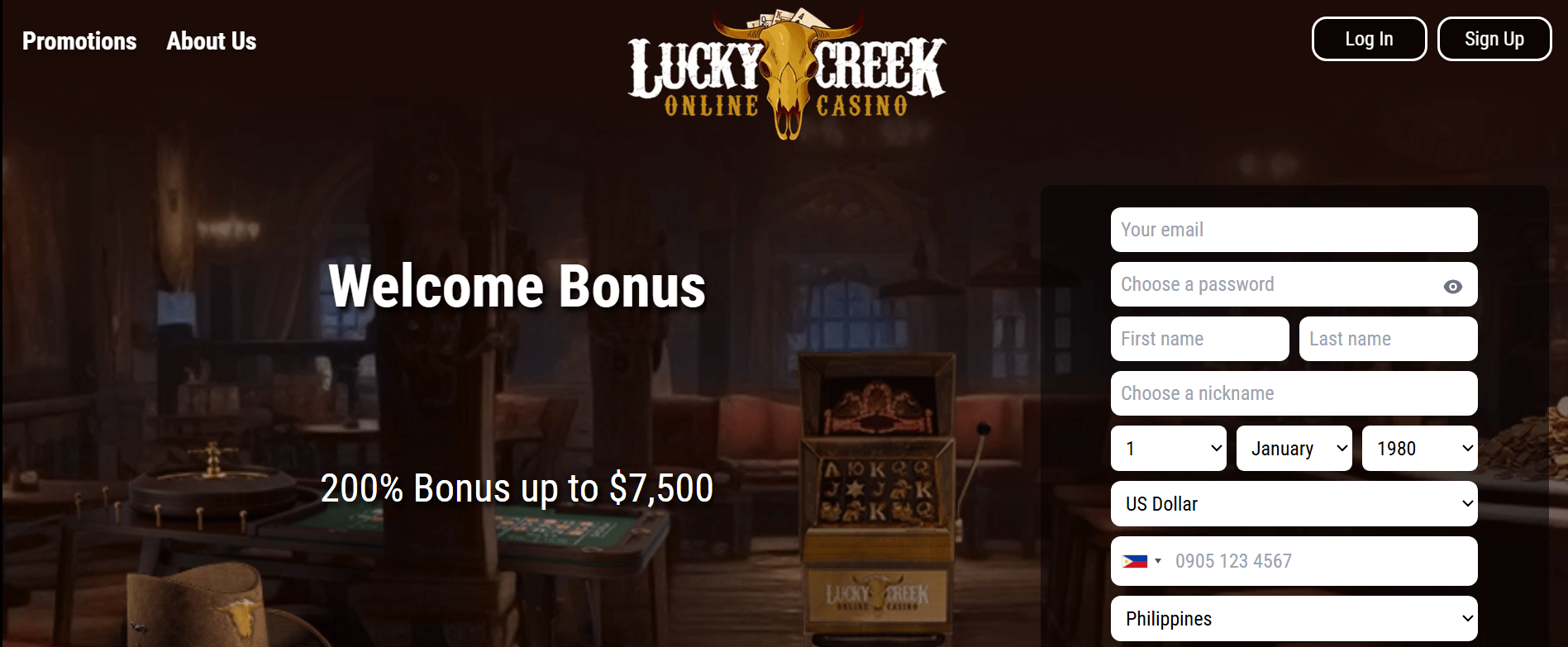 Snapshot of Lucky Creek frontier-style casino with frequent promos